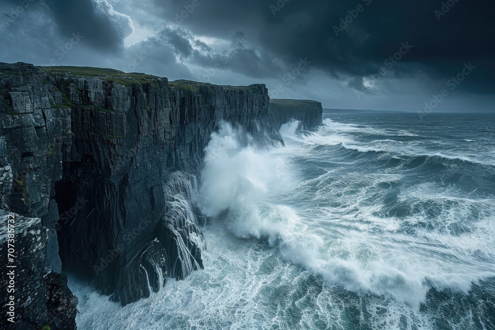 A tumultuous clash of nature and power as the wind-whipped waves relentlessly crash against the rugged cliffs, creating a mesmerizing seascape under a stormy sky A tumultuous clash of nature and power as the wind-whipped waves relentlessly crash against the rugged cliffs, creating a mesmerizing seascape under a stormy sky