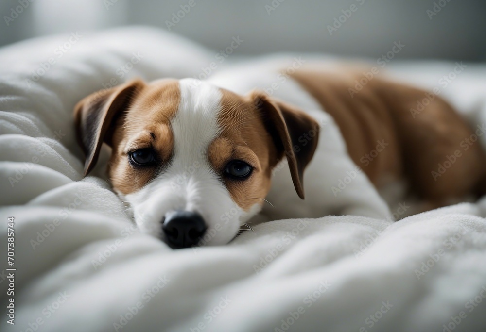 Cute jack russell dog terrier puppy sleeping on white blanket in the bed in bedroom