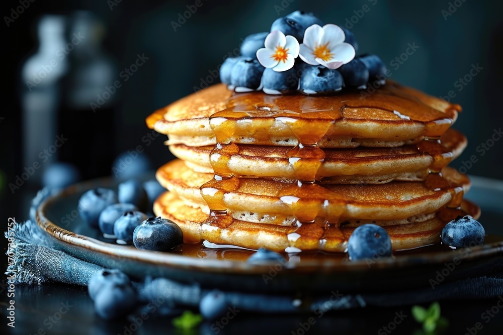 A stack of pancakes topped with blueberries and syrup. A stack of pancakes topped with blueberries and syrup.