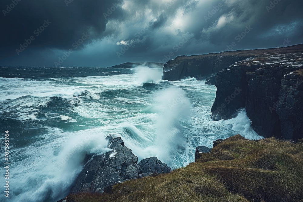 Amidst the turbulent clouds and crashing waves, a rugged coastline stands strong against the relentless power of the sea