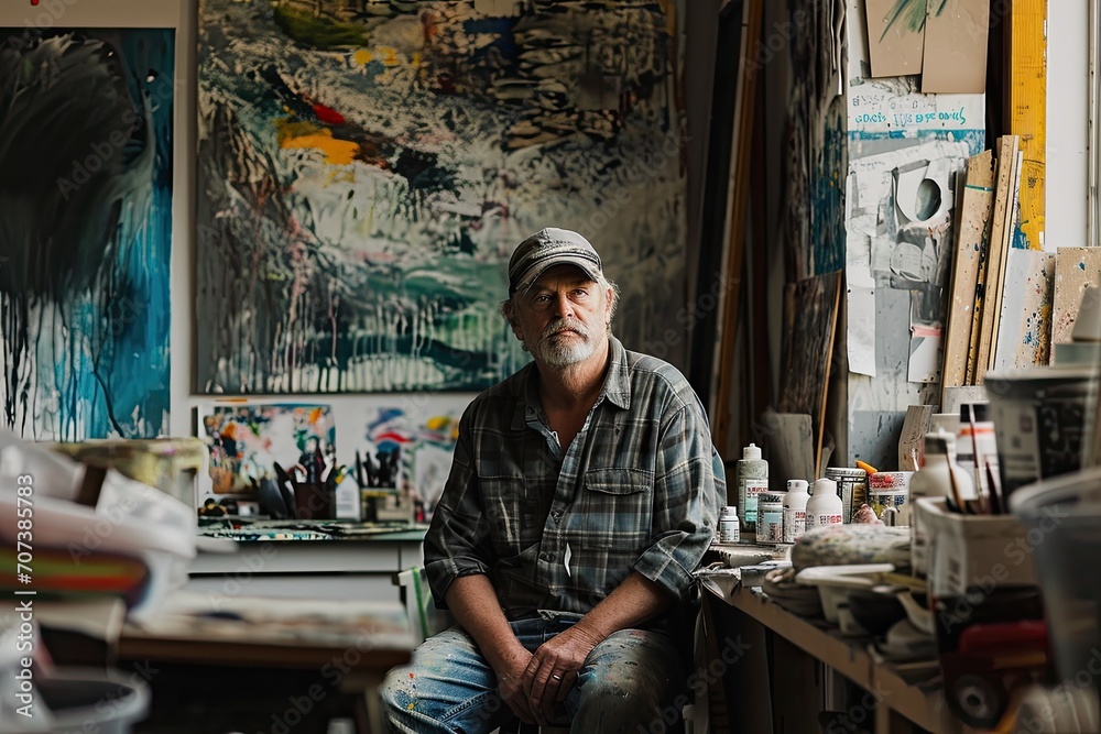 A contemplative man sits in his cluttered painting studio, surrounded by colorful clothing and tools of his trade, his human face reflecting a sense of deep concentration as he creates a masterpiece 
