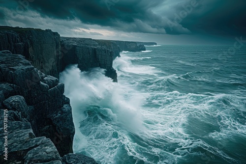 A breathtaking seascape of a turbulent ocean, crashing against the jagged rocks of a towering cliff under a moody sky, creating a mesmerizing display of wind waves and foamy tides