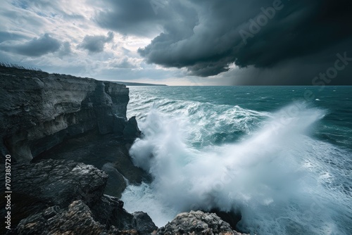 Nature's force and beauty collide as turbulent waves crash against the rugged rocks, under a stormy sky, creating a breathtaking seascape along the coast