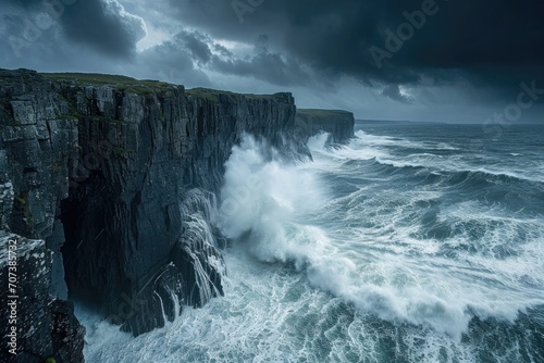 A tumultuous clash of nature and power as the wind-whipped waves relentlessly crash against the rugged cliffs, creating a mesmerizing seascape under a stormy sky
