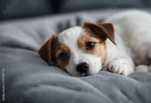 Cute jack russell dog terrier puppy sleeping on gray pillow Little adorable doggy with funny fur