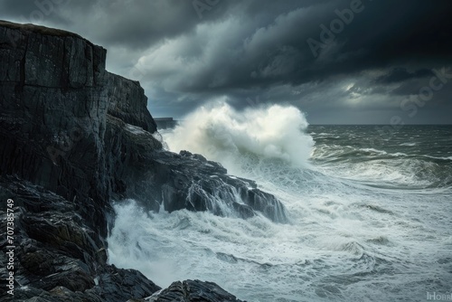 A turbulent storm brews above as crashing waves relentlessly pound against the rugged rocks, creating a captivating display of nature's power and beauty