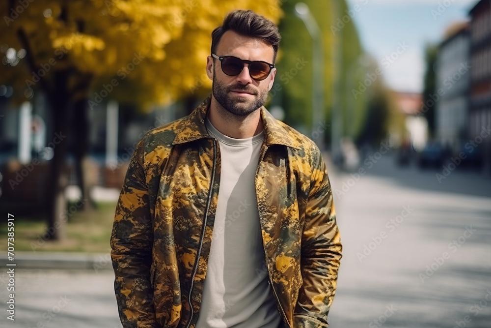 Portrait of a handsome man in a yellow jacket and sunglasses.