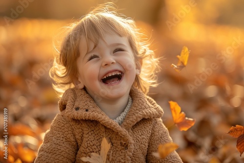 A carefree toddler, adorned in cozy autumn clothing, giggles with pure joy as she tumbles through the air, surrounded by falling leaves and the warmth of a genuine smile © ChaoticMind
