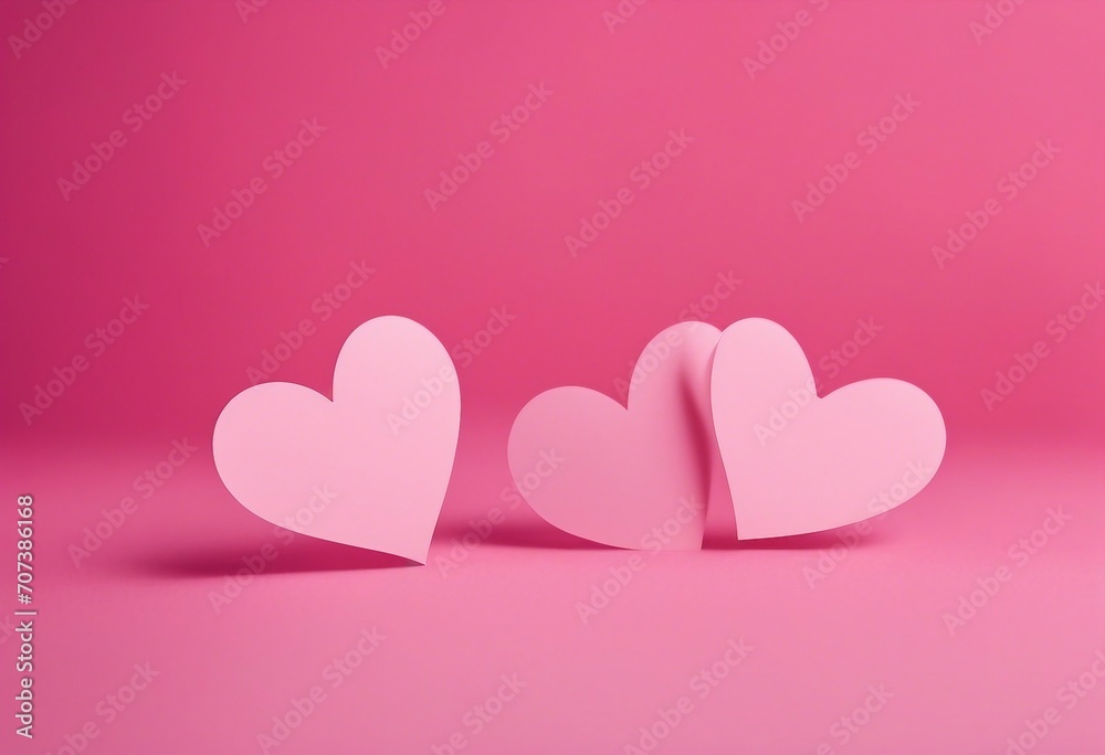 Three rose paper hearts on pink background Symbol of love for Valentine's day happy birthday greetings Mothers day