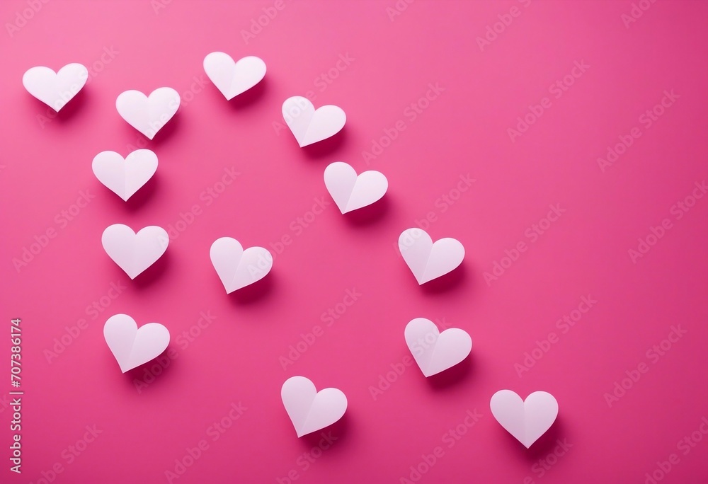 Paper hearts on pink background with copy space Symbol of love for Valentine's day happy birthday greetings Mothers  day