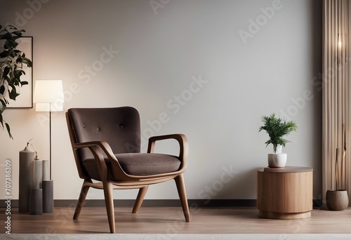 Stylish composition of modern living room interior with frotte armchair wooden commode side table and lamp