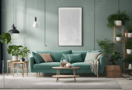 Stylish scandinavian living room with design mint sofa furnitures vertical mock up poster frame plants