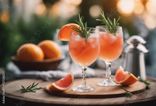 Summer cocktail with grapefruit and rosemary and juicy slices citrus fruits Fresh healthy grapefruit drink