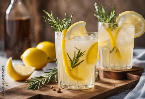 Two glasses of tasty refreshing lemonade drink or alcoholic cocktail with ice rosemary and lemon slices