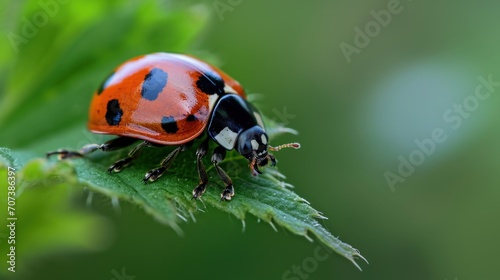  a close up of a red and black lady bug on a green leaf with lots of water droplets on the back of it's back end of it's legs.