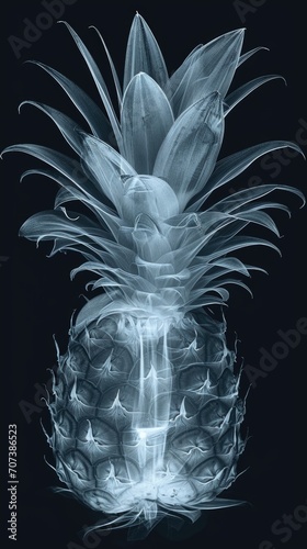 A black and white photo of a pineapple. Monochromatic x-ray image on dark background