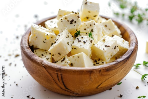Feta cheese and thyme on white background in a wooden bowl