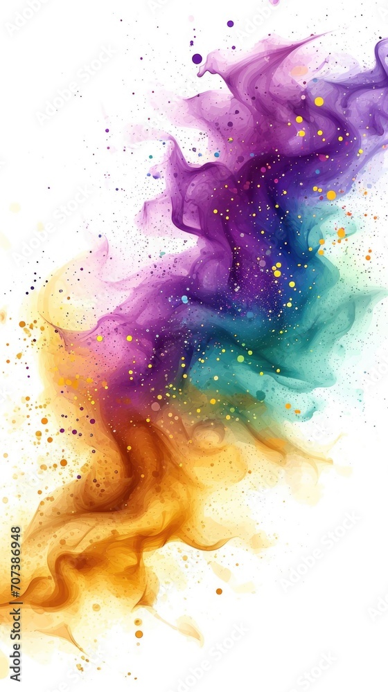 A colorful explosion of paint on a white background. Mardi Gras background with purple, green and golden colors. - obrazy, fototapety, plakaty 