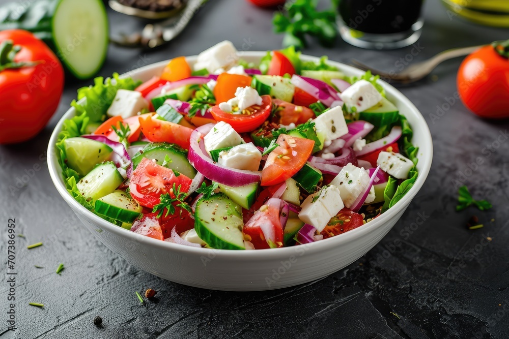 Fresh Greek salad with tomato onion cucumber pepper lettuce and feta cheese in a white bowl