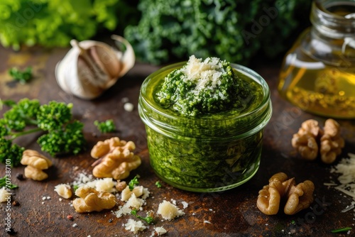 Glass jar of kale pesto on wooden surface with dark background made of kale walnuts parmesan garlic and olive oil photo