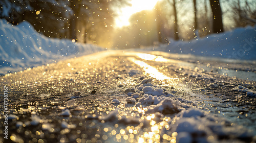 Shot from the ground of a frozen street, with sun in the background