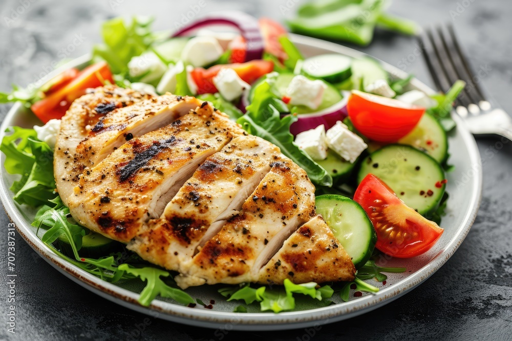 Grilled chicken breast with fresh vegetable salad and feta cheese Grilled chicken breast with fresh vegetable salad and feta cheese