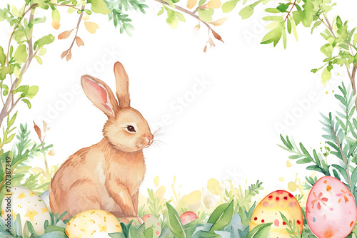 Easter eggs with rabbit bunny frame background in watercolor style.