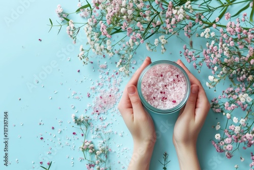 Hands holding body scrub jar cosmetic products sea salt and gypsophila flowers on colored surface