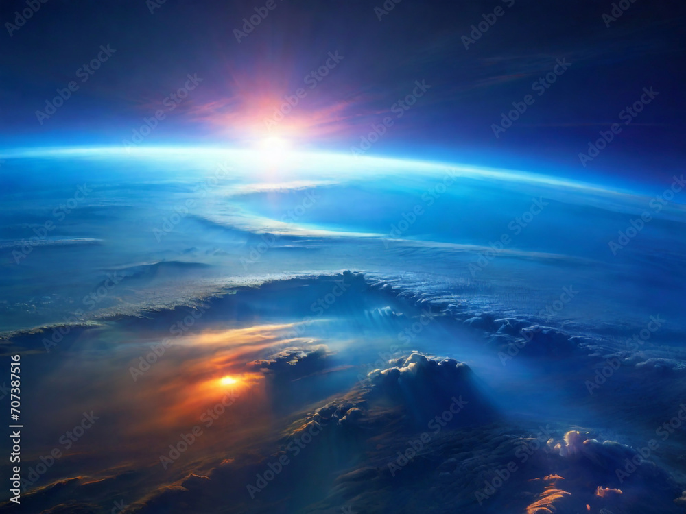 blue sunrise, view of earth from space. Website, application, modern popular games template. Computer, laptop wallpaper. Design for landing, showing product, service