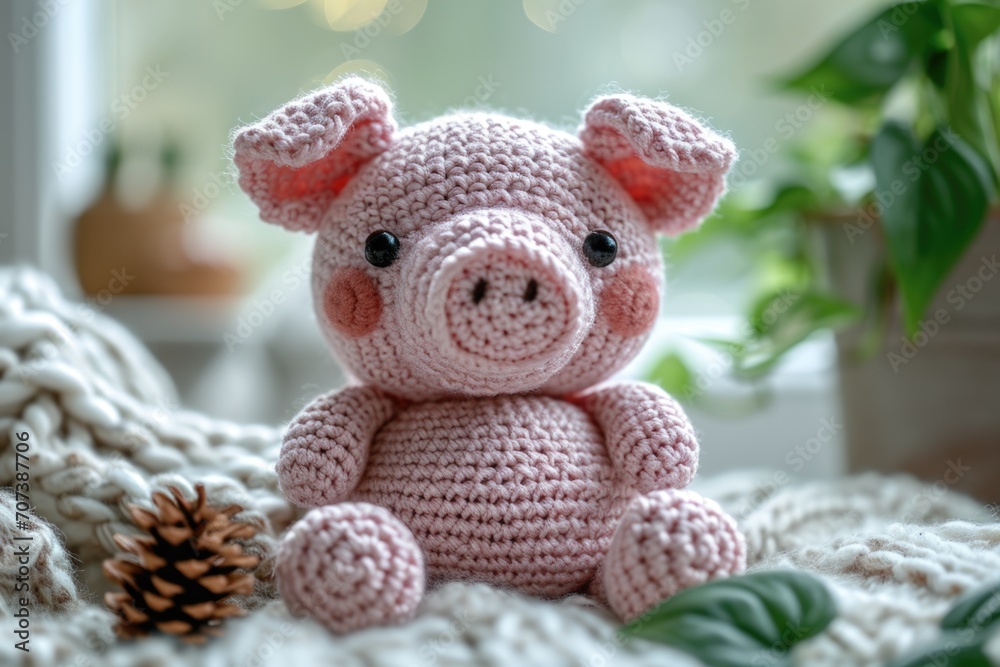 A crocheted pig sitting on a bed next to a pine cone. Handcrafted knitted miniature toy. A crocheted pig sitting on a bed next to a pine cone. Handcrafted knitted miniature toy.