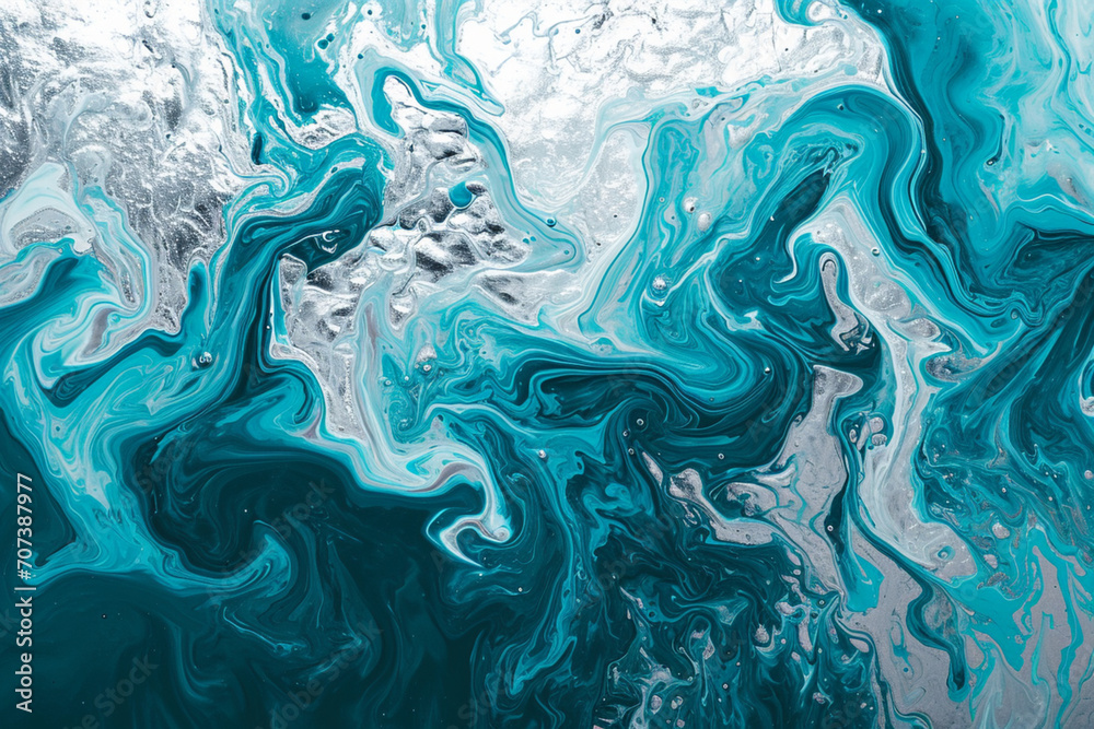 abstract modern unusual background made in the style of fluid art,turquoise and silver,the concept of creative advertising and design,the basis for the banner