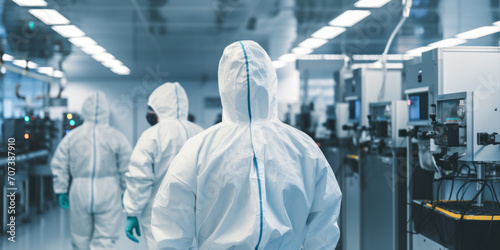 In a controlled clean room environment, scientists, masked and gloved, collaborate on biotechnological solutions with precision. photo