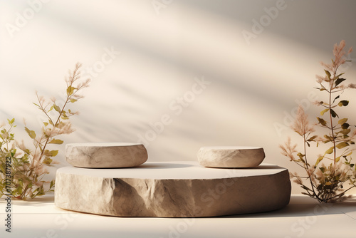 Elegant stone podiums staged with delicate dried flora against a soft-lit neutral backdrop