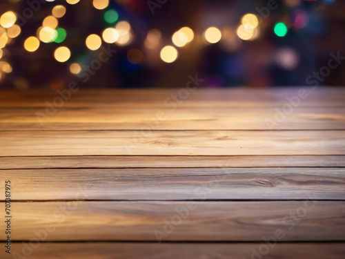 christmas lights on wooden background, Wooden table on blurry christmas lights background. Website, application, template. Computer, laptop wallpaper. Design for landing, showing product, service