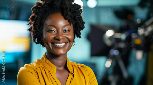 portrait of a smiling tv news host posing in a studio 