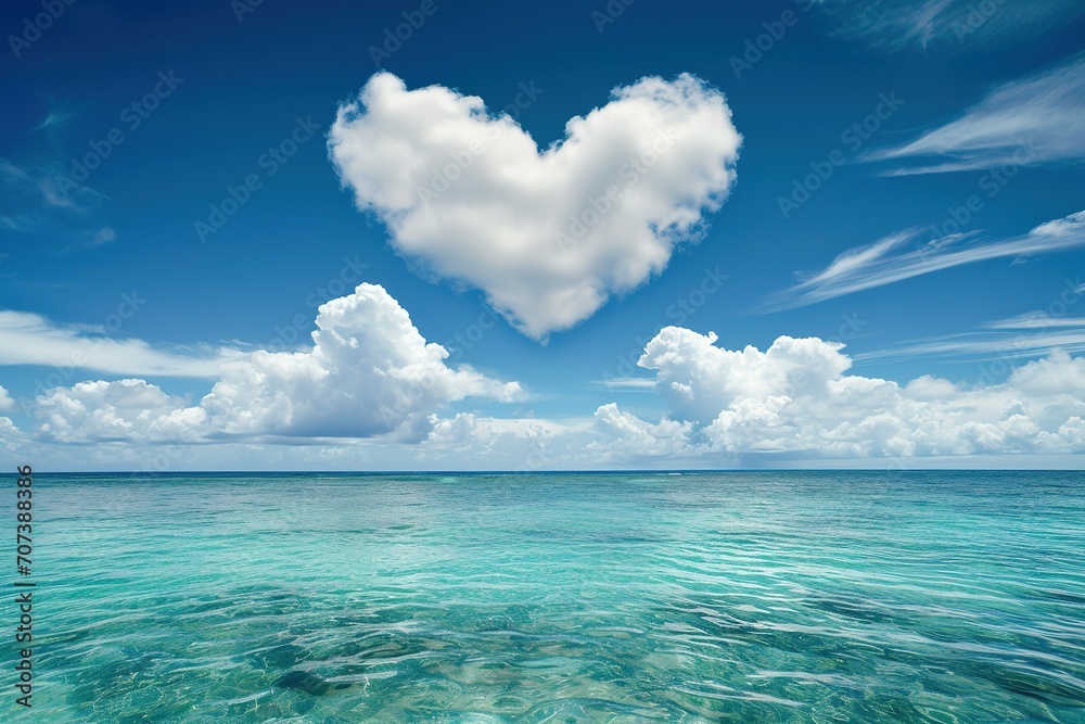 heart shaped clound in blue sky over tropical sea - obrazy, fototapety, plakaty 