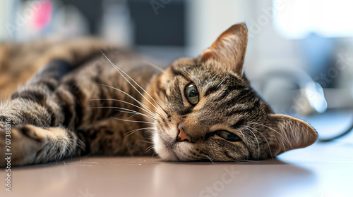 grey tabby cat lying in vet's surgery, closeup