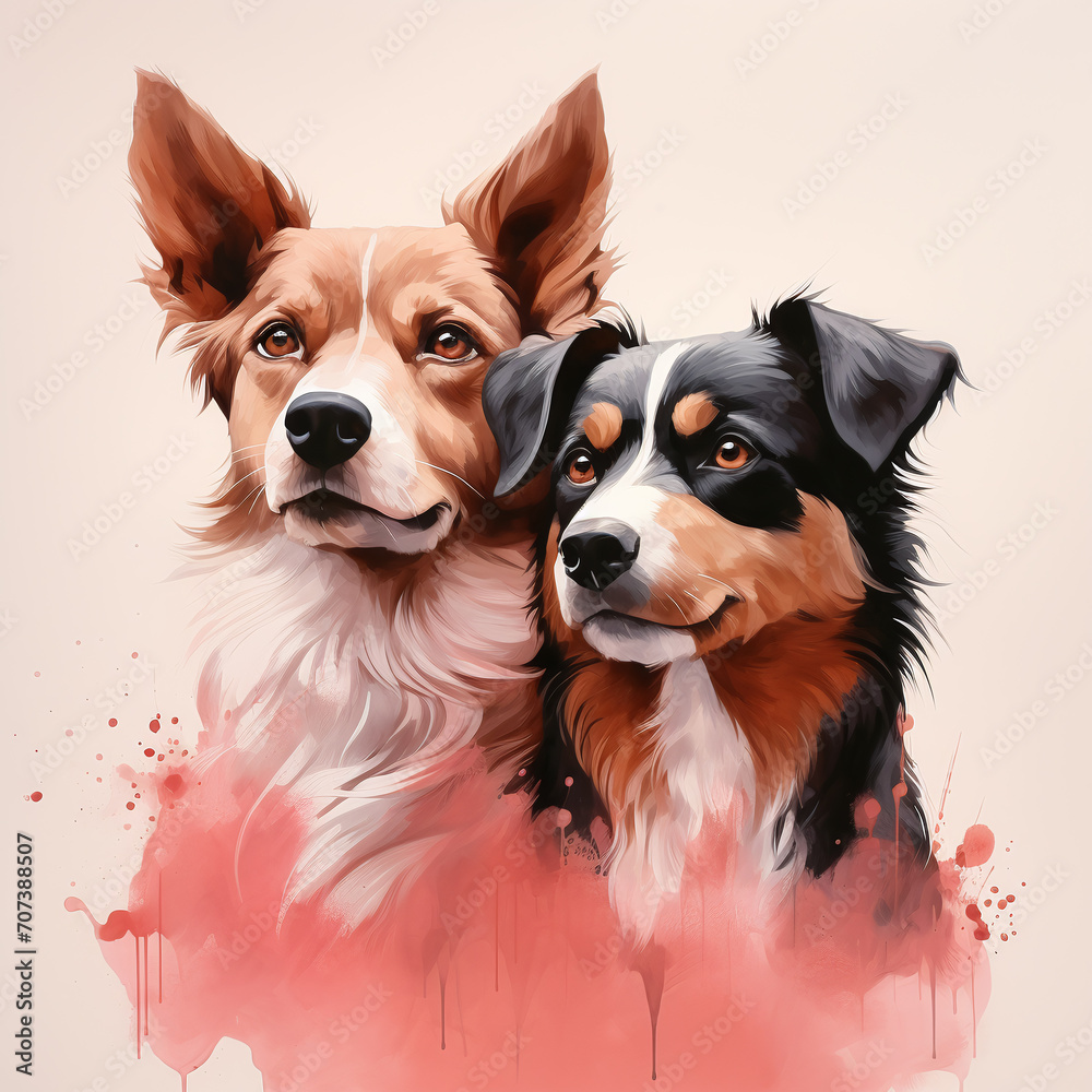 watercolor of dog couple symbolic love for greetings at valentins day in pastel colors