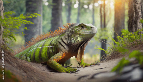 green iguana lizard in the middle of the forest with blurred background.