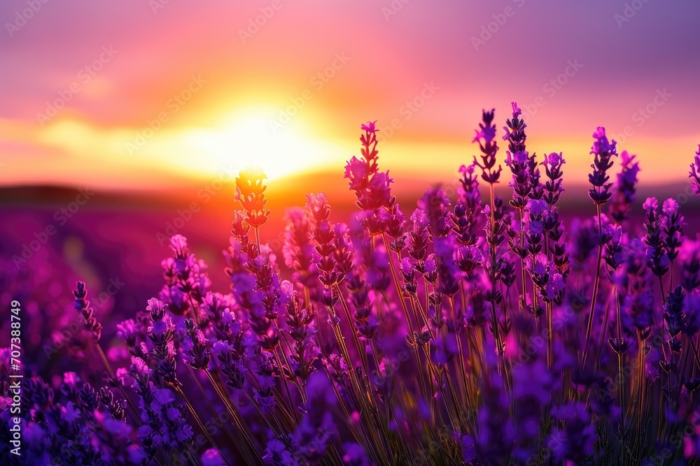 Naklejka premium As the sun rises over the tranquil landscape, a vibrant field of purple flowers stretches towards the magenta sky, creating a stunning outdoor scene filled with the delicate beauty of nature's lavend