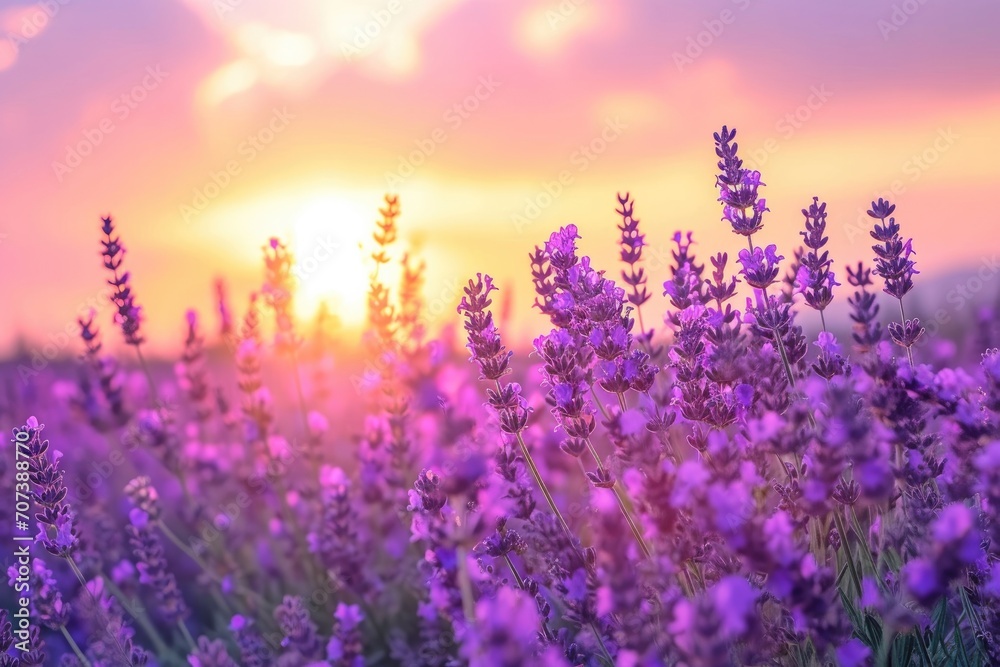 Amidst the golden rays of a summer sunrise, delicate violet flowers sway gracefully in the gentle breeze, creating a picturesque landscape of purple hues in the open field