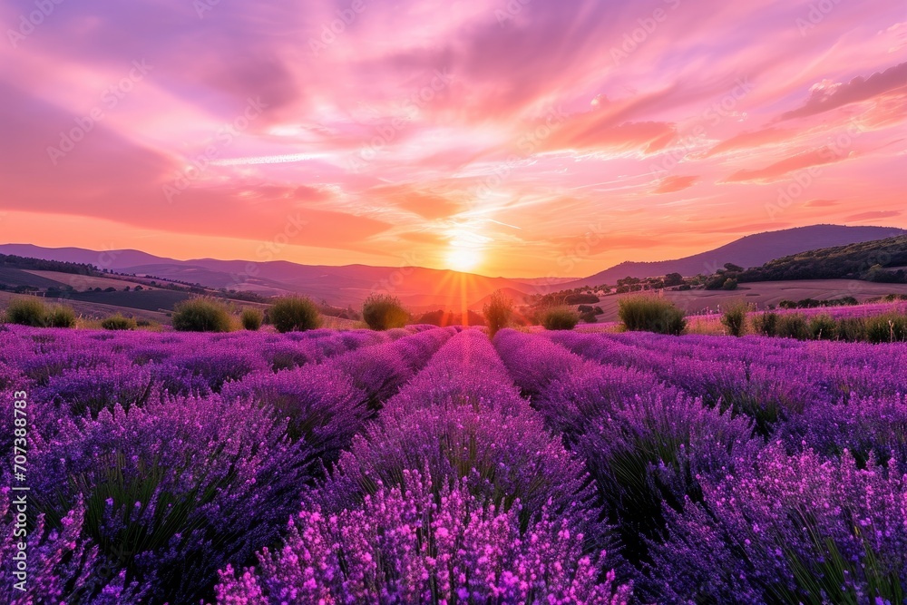A breathtaking landscape of purple hues fills the sky as the sun sets behind a majestic mountain, casting a warm glow over a vast field of lavender, creating a serene and peaceful outdoor scene