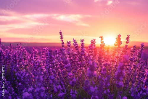 Under the soft hues of a vibrant sunrise, a lush field of lavender forb stands tall against the golden sky, enveloping the viewer in a peaceful summertime dream photo