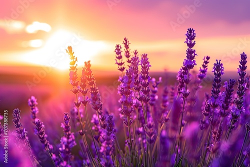 A vibrant sea of violet and lavender flowers dance under the magenta sky  basking in the warm embrace of the rising sun in a summer field