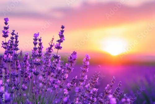 As the sun rises over the summer landscape  vibrant purple flowers sway in the gentle breeze  their magenta hues mirroring the soft violet sky