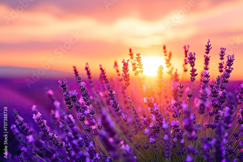Amidst the vibrant hues of purple and violet  the lavender field basks in the warm glow of the sunrise and sunset  a breathtaking display of nature s beauty