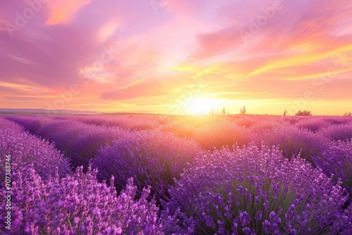 A peaceful sunset over a vast field of vibrant purple lavender  with the sky painted in shades of violet and the sun casting its last warm rays upon the horizon