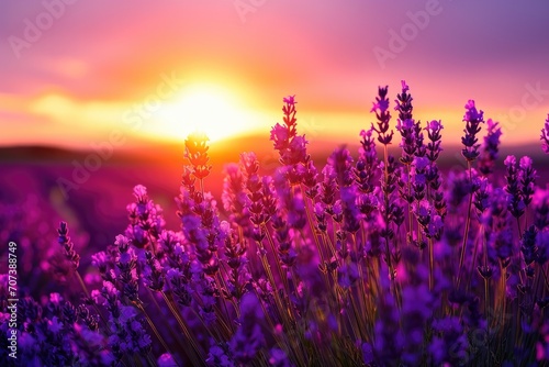 As the sun rises over the tranquil landscape, a vibrant field of purple flowers stretches towards the magenta sky, creating a stunning outdoor scene filled with the delicate beauty of nature's lavend © ChaoticMind