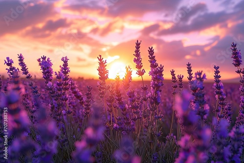 A stunning summer sunrise illuminates a sprawling field of vibrant purple flowers, creating a picturesque landscape that evokes feelings of peace and tranquility
