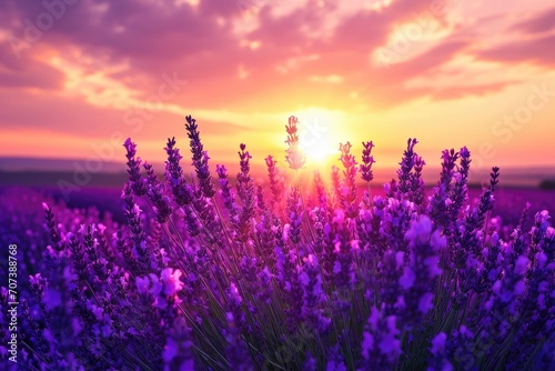Vibrant violet lavender blooms bask in the golden hues of a summer sunrise, surrounded by the lush green grass and wildflowers of an idyllic outdoor landscape